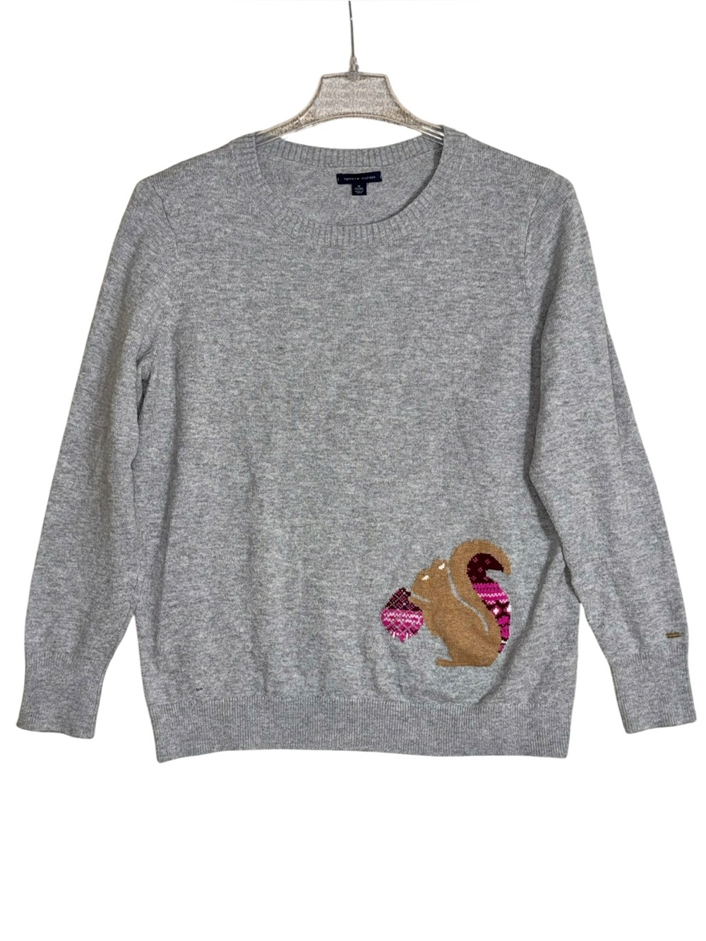 Tommy Hilfiger Grey Sweater Long Sleeve Top Squirrel Winter Nature Women’s Size